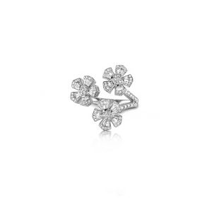 18ct White Gold Claw Set Baguette & Round Brilliant Diamond Tri-Fleur Ring