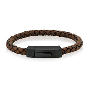A.R.Z Stainless Steel Brown Leather Black Clasp Bracelet