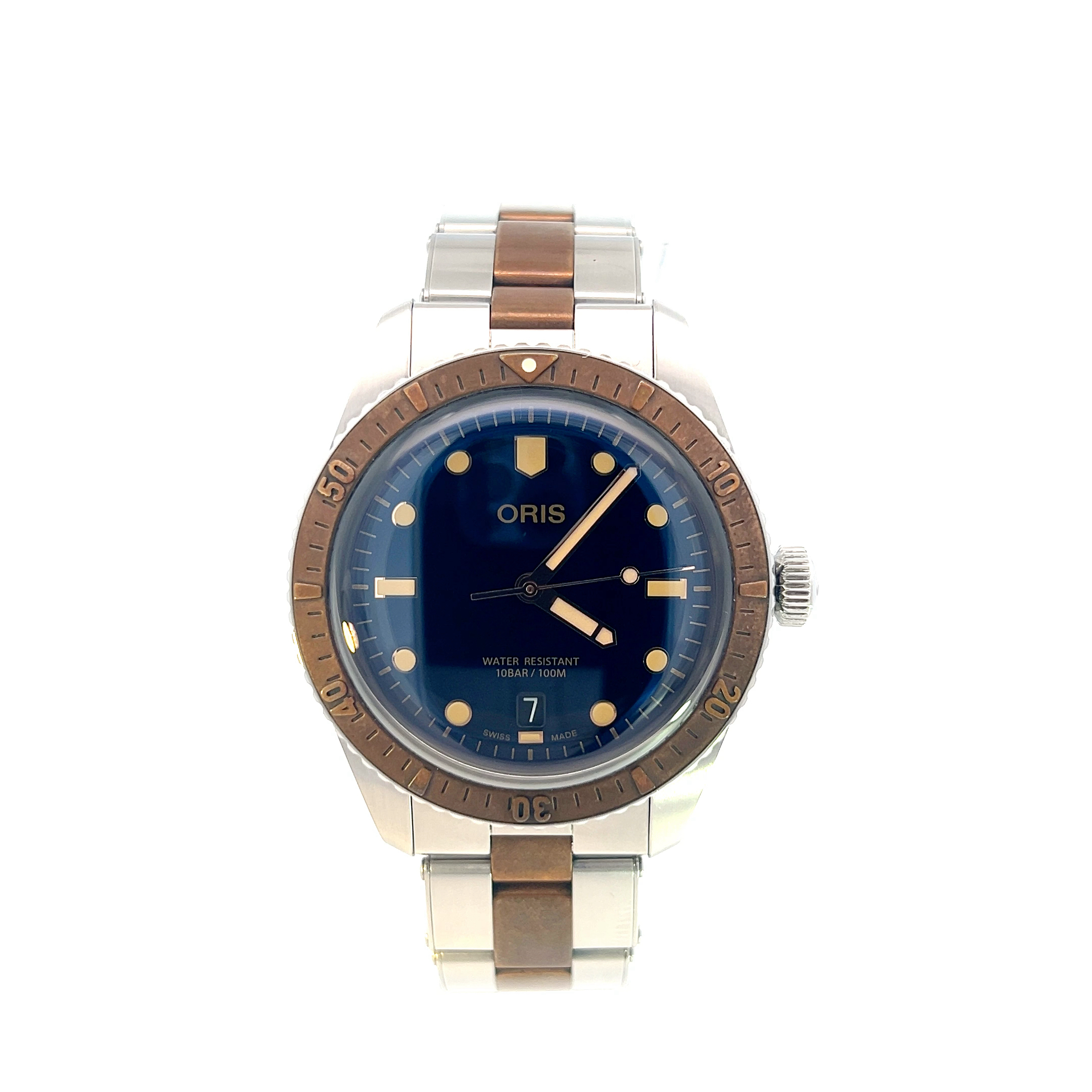 Pre Owned Oris Divers Sixty five Blue Dial Bronze Stainless Steel Bracelet Watch Bellagio Jewellers