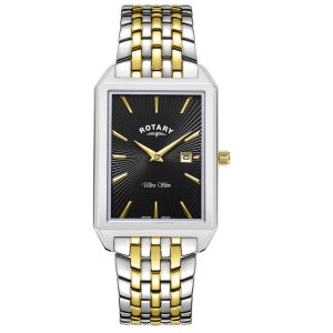 Rotary Ultra Slim Black Dial Gold Plated Two Tone Stainless Steel Watch
