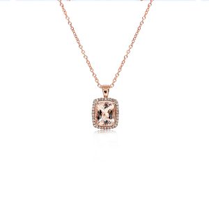 9ct Rose Gold Claw Set Halo Cushion Morganite Diamond Pendant