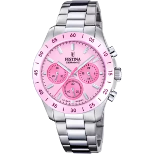 Festina Ceramic Pink Dial Chronograph Stainless Steel Watch