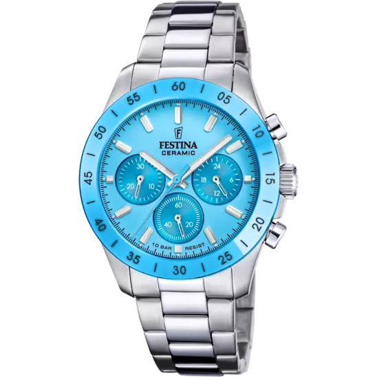 Festina Ceramic Baby Blue Dial Chronograph Stainless Steel Watch Bellagio Jewellers