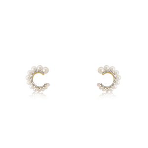 9ct Yellow Gold Claw Set Diamond & Fresh Water Pearl Curved Piccola Earrings