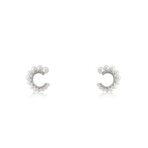 9ct White Gold Claw Set Diamond & Fresh Water Pearl Curved Piccola Earrings