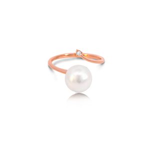 18ct Rose Gold Tube Set Diamond Fresh Water Pearl Twist Split Band Ring