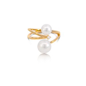 18ct Yellow Gold Claw Set Diamond & Double Fresh Water Pearl Twist Split Band Ring