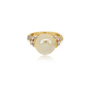 18ct Yellow Gold  Claw Set South Sea Golden Pearl & Diamond Ring