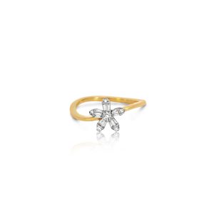 9ct Yellow Gold Claw Set Baguette & Round Diamond Flower on a Slanted Band Piccola Ring