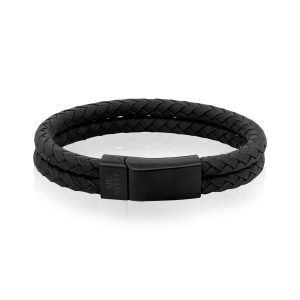 A.R.Z Stainless Steel Double Row Black Leather Bracelet