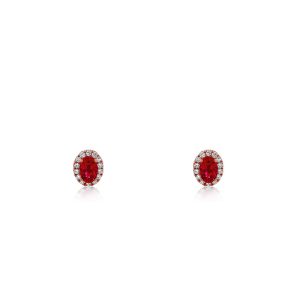 18ct Rose Gold Claw Set Oval Ruby & Diamond Halo Bayede Earrings