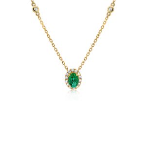 18ct Yellow Gold Claw Set Diamond & Emerald Cluster Bayede Necklace