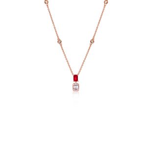 18ct Rose Gold Ruby & Round Diamond Drop Bayede Necklace
