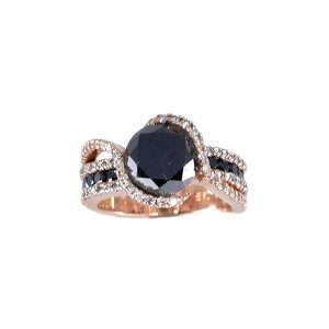 18ct Rose Gold Claw & Pave Set Black & White Diamond Halo Ring