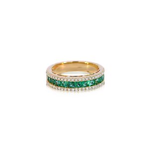 18ct Yellow Gold Claw Set Baguette Emerald & Round Diamond Bayede Band