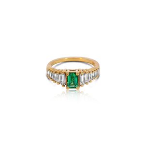 18ct Yellow Gold Claw Set Diamond & Emerald  Bayede Ring