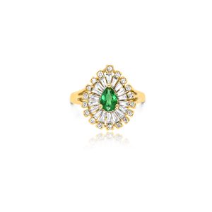 18ct Yellow Gold Claw Set Diamond & Emerald Pear Shaped Bayede Ring