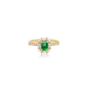 18ct Yellow Gold Claw Set Diamond & Emerald Bayede Ring