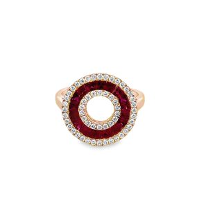 18ct Rose Gold Claw Set Ruby & Round Diamond Circle Bayede Ring