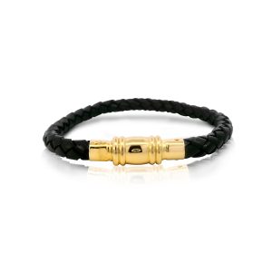 Legend Black Braided Leather with 14ct Yellow Gold Clasp Bracelet