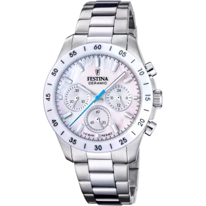 Festina Ceramic Mother of Pearl Dial Chronograph Stainless Steel Watch