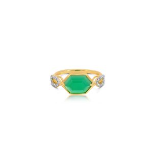 9ct Yellow Gold Claw & Tube Set Diamond & Green Agate Piccola Ring