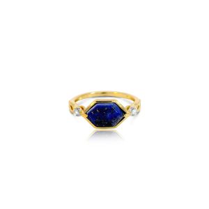 9ct Yellow Gold Claw & Tube Set Diamond & Lapis Lazuli Piccola Ring