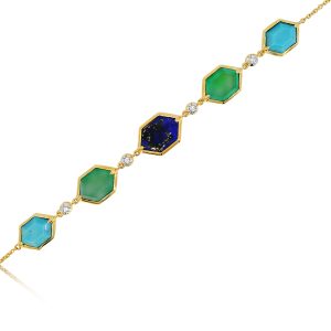 9ct Yellow Gold Claw & Tube Set Diamond, Turquoise, Green Agate & Lapis Lazuli Piccola Bracelet