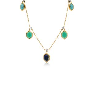9ct Yellow Gold Claw & Tube Set Diamond, Turquoise, Green Agate & Lapis Lazuli Piccola Necklace