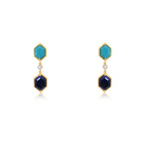 9ct Yellow Gold Claw & Tube Set Diamond, Turquoise & Lapis Lazuli Piccola Earring