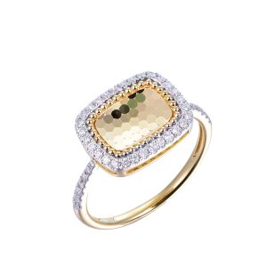 14ct Yellow Gold Claw Set Diamond & Rectangle Cushion Honeycomb Bellagio Piccola Ring