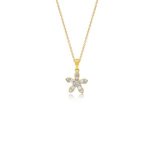 9ct Yellow Gold Claw Set Baguette & Round Diamond Flower Piccola Pendant